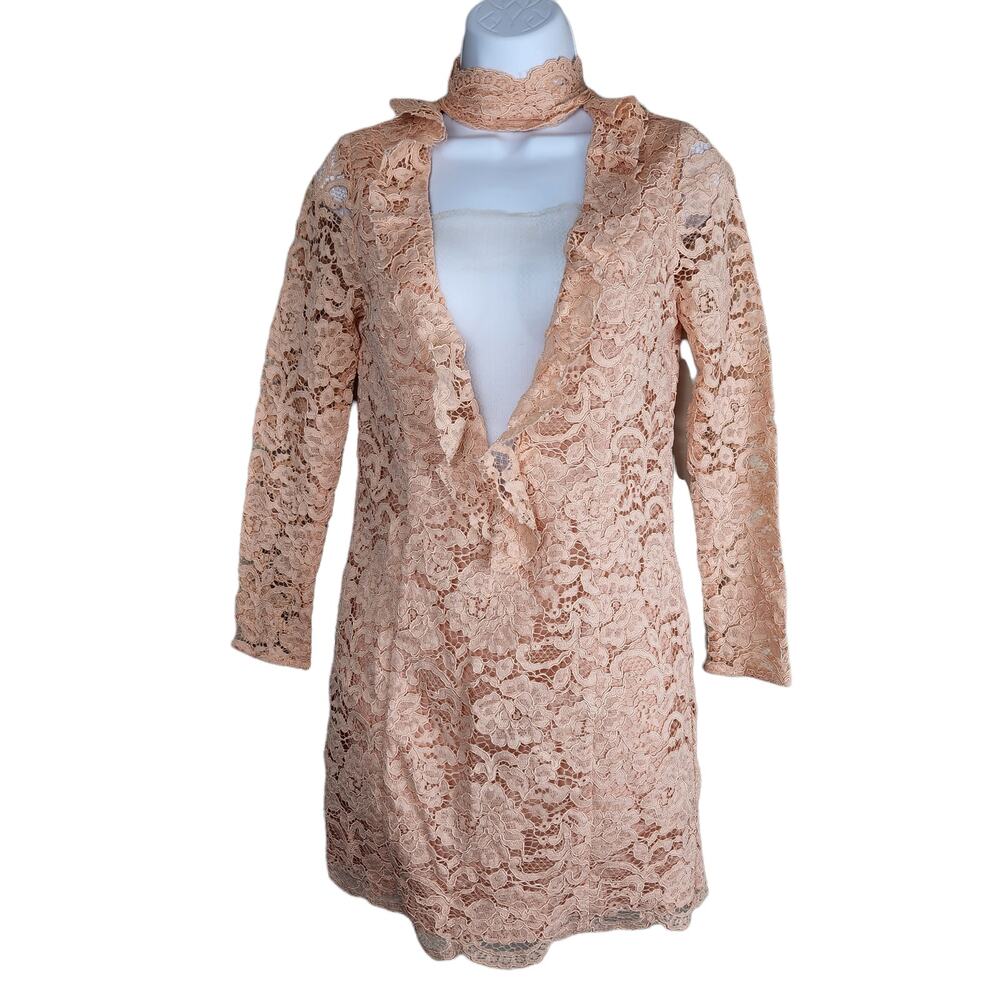 NBD Peach Lace Long Sleeve Mini Dress Deep V Neck Small